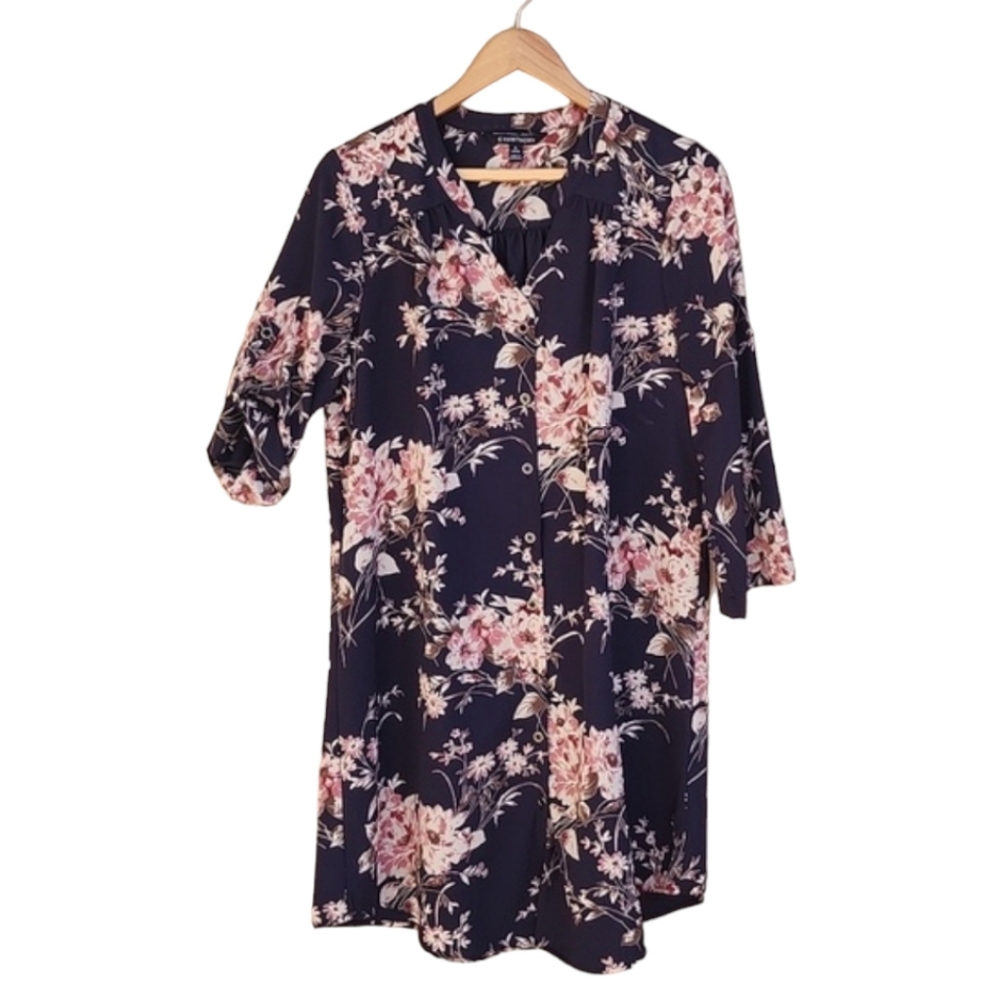41 HAWTHORN ANTHRO Cristen Shirt Dress MP Navy Floral Button Front Tunic Dress - Picture 13 of 16